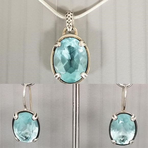 Silpada Sterling 925 Silver Aqua Blue Glass Pendant Necklace & Earrings Set 18'' - Picture 1 of 13
